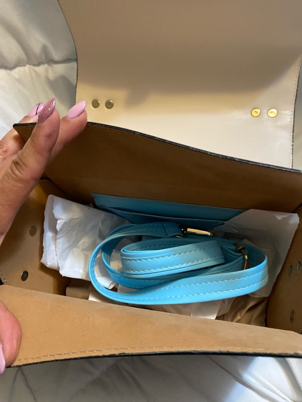 Cream and Turquoise Top-Handle Satchel with Patterned Flap - Picture 8 of 13